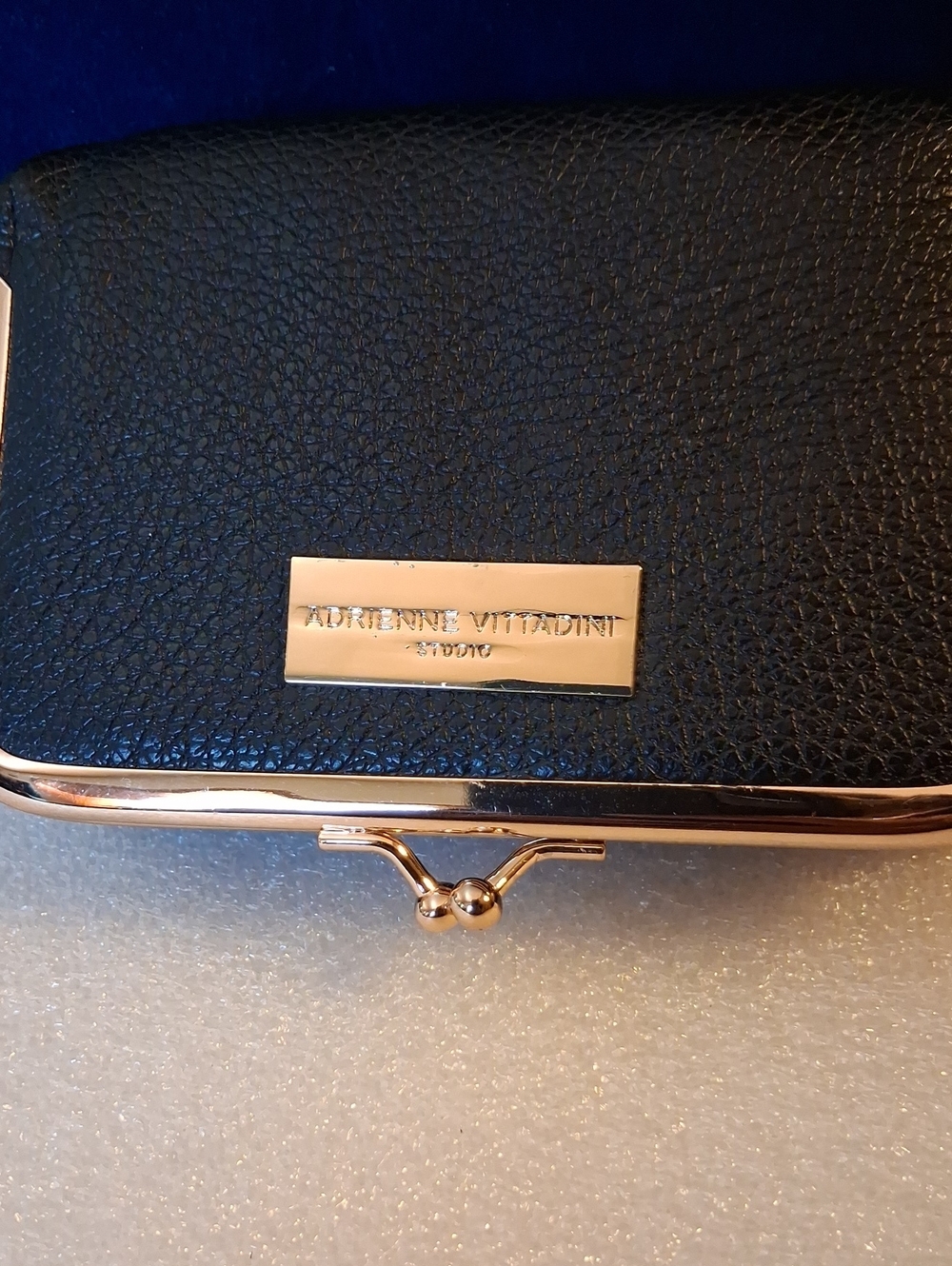 Adrienne Vittadini Black Pebbled Leather Clutch with Gold Hardware